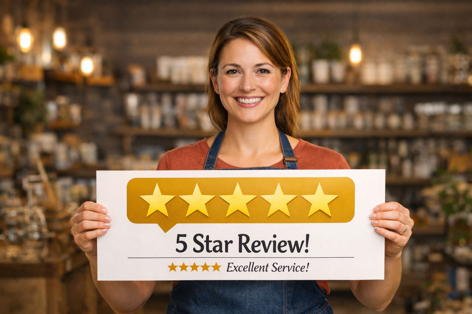 Service business owner holding a five star review sign